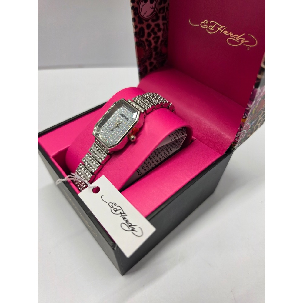 Ed Hardy Womens Rhinestone Silver Watch Y2K Octagon Face Original Box NWT - Picture 3 of 5